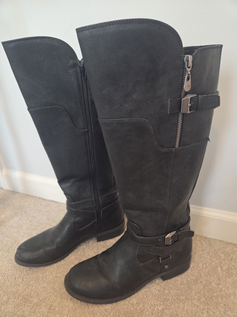 G by Guess Black Tall Riding Boots with Side Zip & Buckle Accents